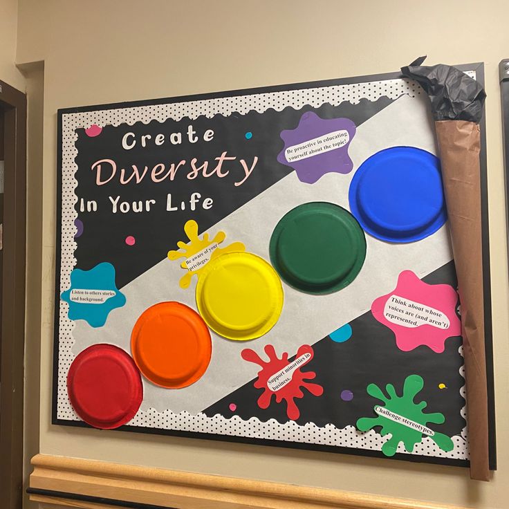 a bulletin board with paint and paper on it that says create diversity in your life