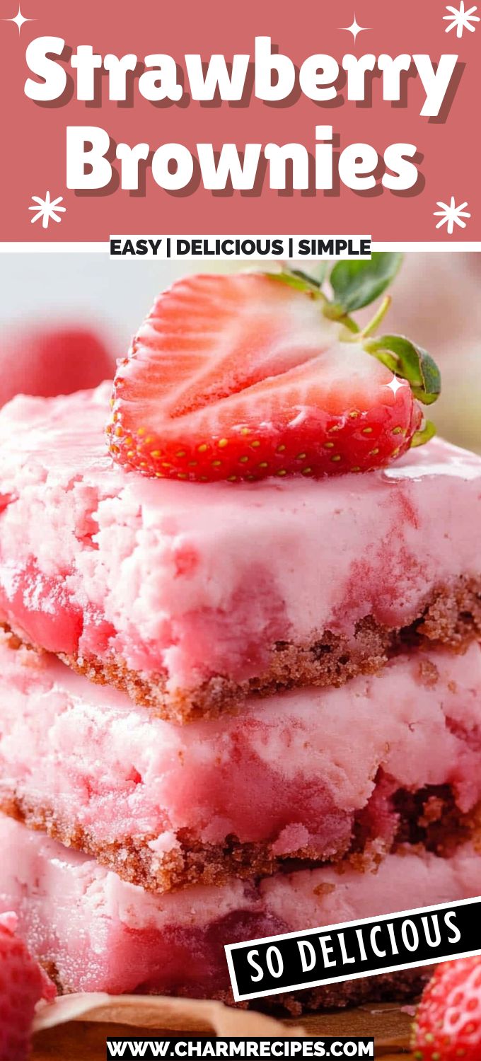 strawberry brownies are stacked on top of each other