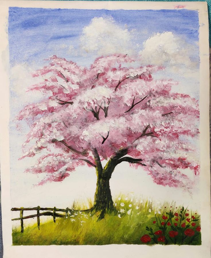 a painting of a tree with pink flowers