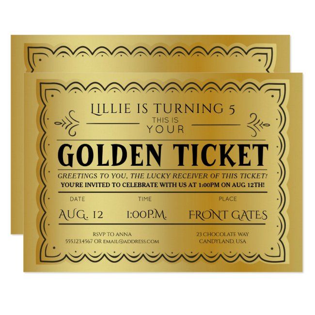 two gold ticket cards with the words golden ticket written on each one and an ornate border