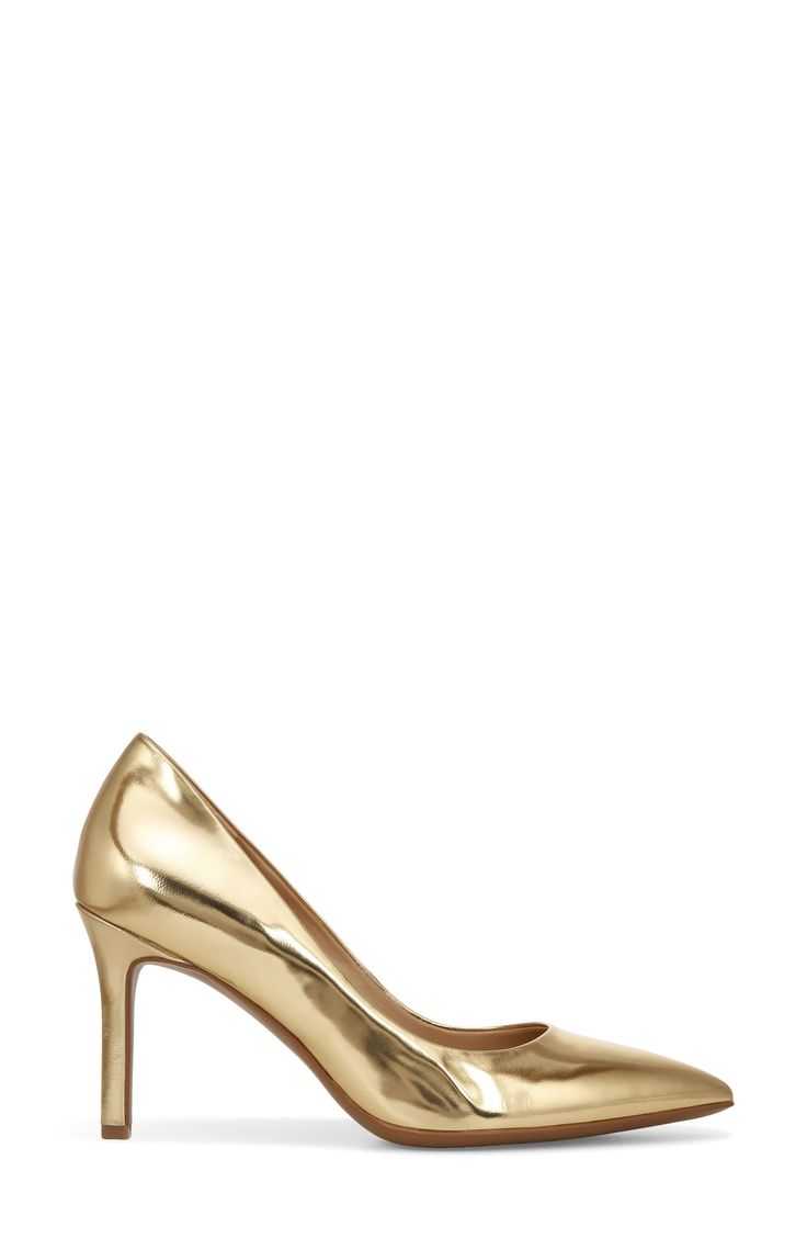 A pointy-toe pump with a flexible sole and comfy cushioning is styled with a curving topline that dips along the sides to show extra bits of skin. 3 1/4" heel Contour+ comfort technology Padded footbed Arch support Leather upper/synthetic lining and sole Imported Women's Shoes Gold Pointed Toe Kitten Heels With Sculpted Heel, Gold Leather Kitten Heels With Sculpted Heel, Gold Heels With Removable Insole And Pointed Toe, Gold Court Shoes With 4-inch Heel And Almond Toe, Spring Gold Court Shoes With Sculpted Heel, Gold Court Shoes With Sculpted Heel For Spring, Chic Gold Low Heel Court Shoes, Gold Pointed Toe Heels With Sculpted Heel, Chic Gold Court Shoes With Low Heel