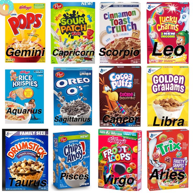 cereal boxes are shown with the names of them in different colors and flavors on them