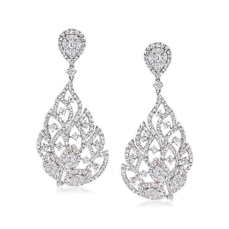 Ross-Simons - 5.75 ct. t. w. Diamond Teardrop Earrings in 18kt White Gold. Emulating the elegance of a peacock's beautiful feathers, these drop earrings are undeniably stunning. Featuring leafy open-spaced teardrops suspending from pear-shaped clusters above, both entirely adorned by 5.75 ct. t. w. multi-shaped diamonds, this pair exudes a gorgeous glimmer with every slight turn and twist. Set in 18kt white gold. Hanging length is 2". Clip/post, diamond teardrop earrings. Diamond birthstones are Luxury White Pear-shaped Cluster Earrings, Diamond Earrings 1stdibs, Exquisite Pierced Diamond Earrings For Formal Occasions, Exquisite Diamond Pierced Earrings For Formal Occasions, Pear-shaped Diamond Earrings With Accents For Evening, Formal Cubic Zirconia Bridal Earrings, Formal Bridal Earrings With Cubic Zirconia, Pear-shaped Diamond Earrings For Evening, Luxury Pear-shaped Chandelier Earrings For Formal Events