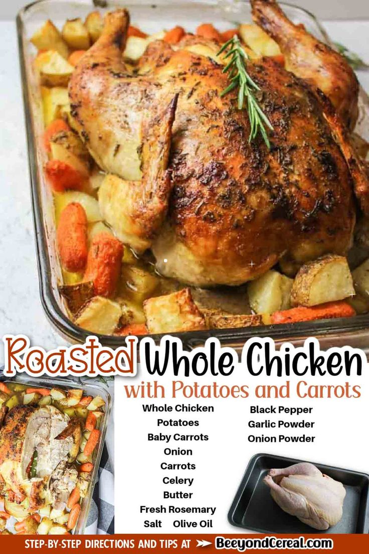 roasted whole chicken with potatoes and carrots in a casserole dish on a table