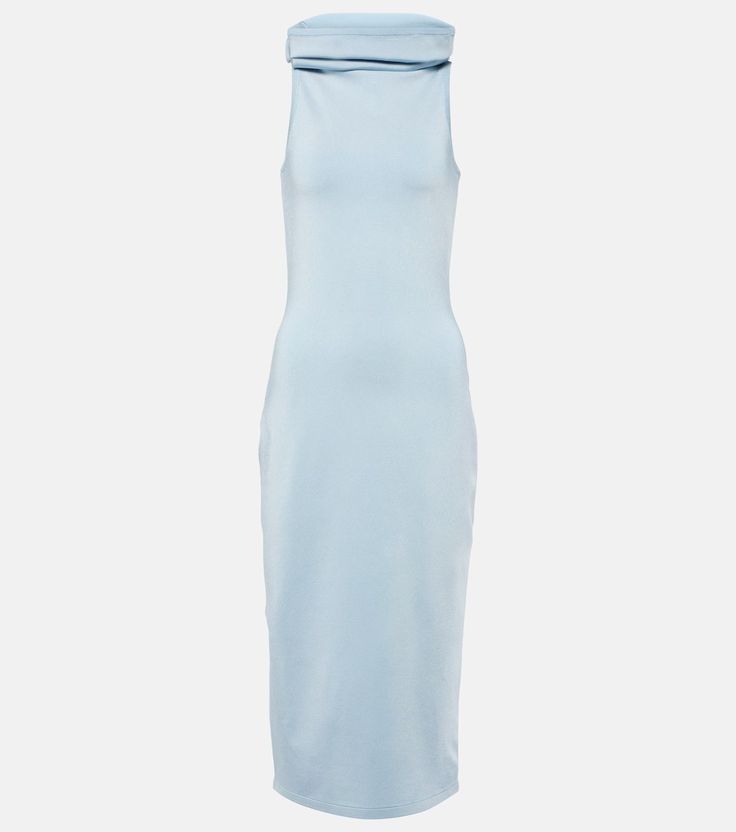 Hooded jersey midi dress in blue - Alaia | Mytheresa Spring Longline Stretch Midi Dress, Spring Bodycon Longline Dress, Spring Longline Bodycon Dresses, Blue Elastane Midi Dress For Evening, Stretch Viscose Maxi Dress, Chic Stretch Longline Dress, Chic Longline Stretch Dress, Spring Longline Bodycon Midi Dress, Solid Color Midi Dress With Side Slits