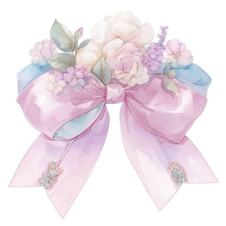 a pink bow with flowers and leaves on the top is shown in this watercolor painting