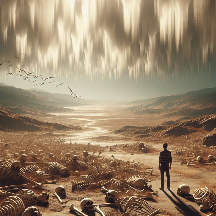 a man standing in the middle of a desert with dead animals and birds flying overhead