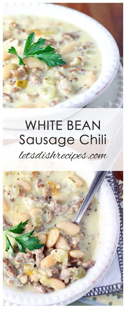 white bean sausage chili in a bowl with parsley garnish on the side