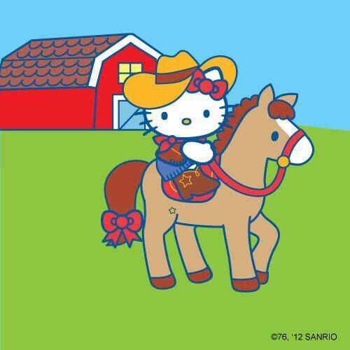 hello kitty riding a horse in front of a barn