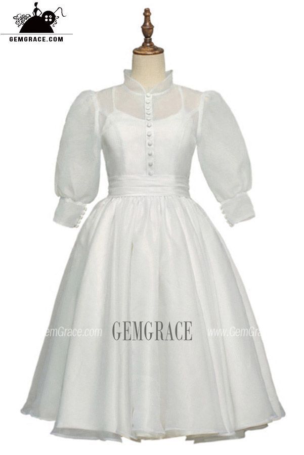 Vintage Chic Tea Length Bubble Sleeves Weddding Dress with Collar 70s 80s Style Ref#E8936 at GemGrace. #ShortWeddingDresses Shop now to get $10 off. Pro custom-made service for wedding dress, formal dress. View Short Wedding Dresses,Wedding Dresses with Sleeves,Tea Length Wedding Dresses for more ideas. Click to shop now! #BuyableShortWeddingDresses Fitted Ball Gown Dresses For Confirmation, Fitted Gown For Spring Confirmation, Fitted Spring Gown For Confirmation, Full Length Victorian Dress For Wedding, Vintage A-line Wedding Dress With Fitted Bodice, Fitted Gown For Confirmation With Long Sleeves, Fitted Long Sleeve Gown For Confirmation, White Vintage Ball Gown Dress, Vintage White Ball Gown Dress