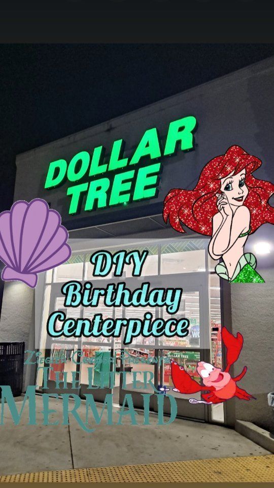 dollar tree birthday centerpiece is displayed in front of the store at night with mermaids