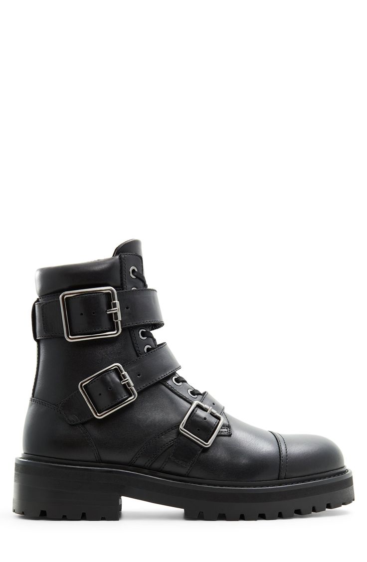 Bring biker-inspired edge to your ensemble with this reimagined combat boot roughened up with gleaming buckle straps and a chunky lugged sole. Lace-up style; side zip closure Leather upper/textile and synthetic lining/rubber sole Imported Black Mens Boots, Mens Biker Boots, Combat Boots Men, Fall Wardrobe Essentials, Men's Shoes Accessories, Oxford Heels, Walker Shoes, Sneaker Slippers, Combat Boot