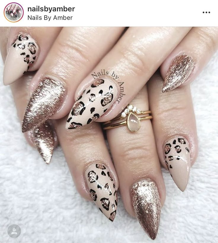 Gold Leopard Print Nails, Cute Nude Nails, Gold Leopard Nails, Nails With Rose Gold, Style Thigh High Boots, February Nail Colors, Acrylic Nail Colors, Nude Baddie Nails, March Nails Ideas