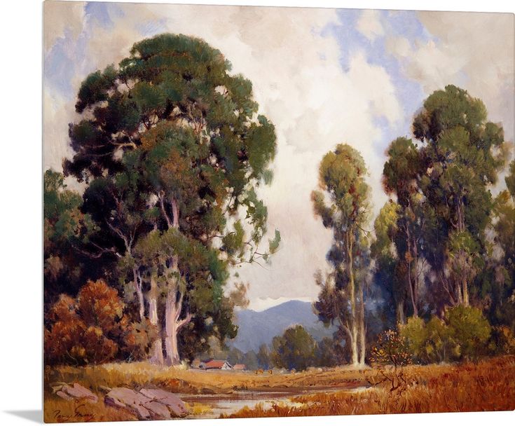 an oil painting of trees and mountains in the background