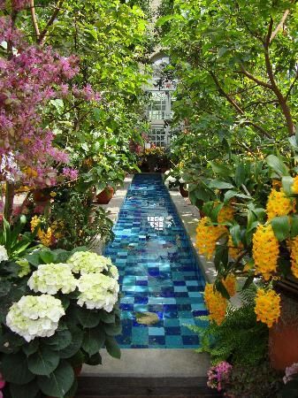 a pool surrounded by flowers and trees in the middle of a garden with blue tiles on it