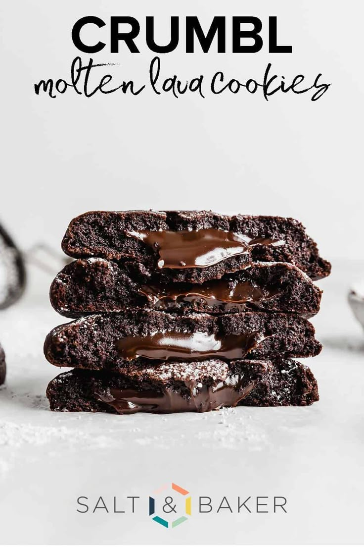 three chocolate crumbl cookies stacked on top of each other with the title text overlay