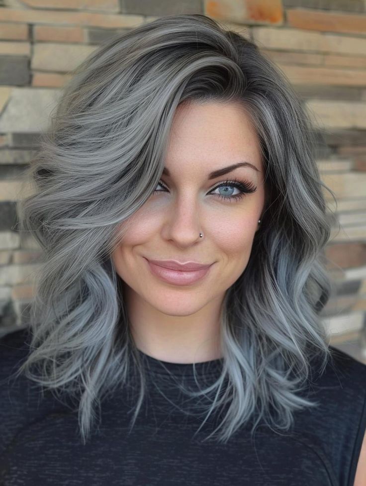 Hair Color That Covers Grey Hair, Blue Eyes Grey Hair, Medium Length Gray Hair With Layers, Low Lights For Gray Hair Short, Going Grey Hairstyles, Dark Gray Hair Color Ideas, Gray Hair Blending Dark Brown, Silver Hair Highlights Going Gray, Grey Hair With Lowlights