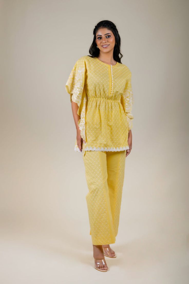 Kaftan Set, Embroidered Kaftan, Thread Embroidery, Yellow Fabric, Co Ord Set, Co Ord, Formal Occasion, Fabric Cotton, Semi Formal