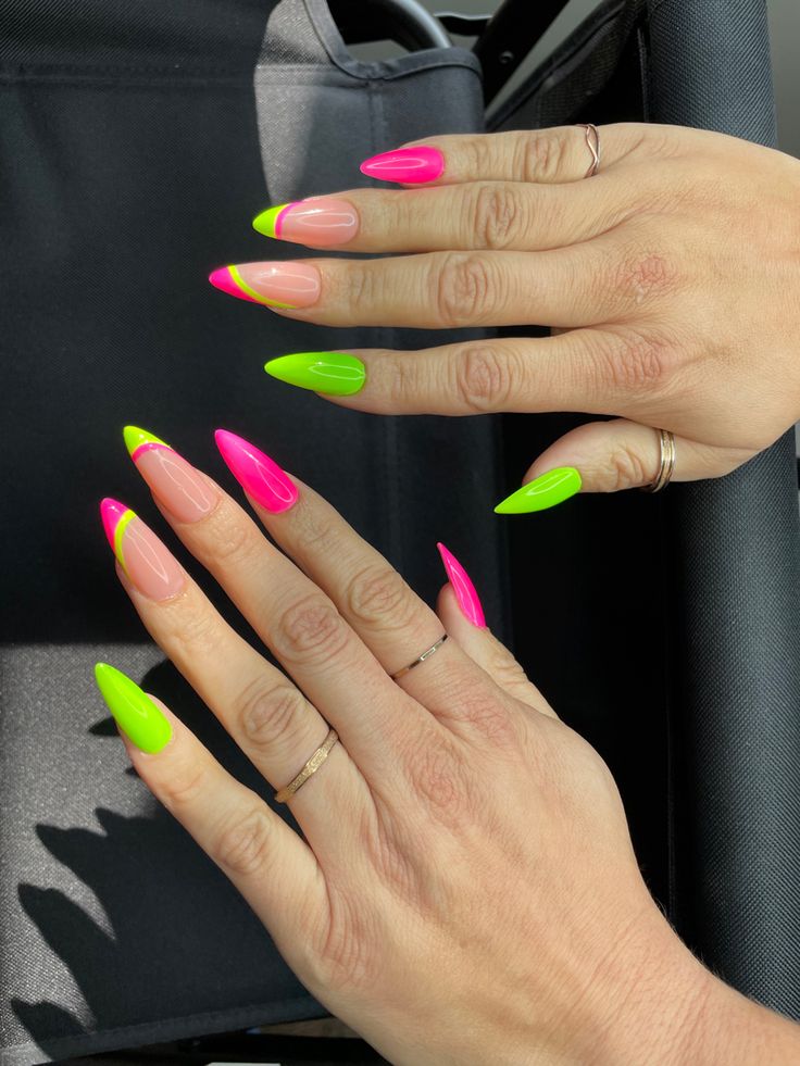 Neon Nails Matte, Green And Pink Neon Nails, Neon Fingernails, Neon Pink Green Nails, Neon Green And Pink Nail Designs, Neon Pink And Neon Green Nails, Lime Green And Hot Pink Nails, Hot Pink And Neon Green Nails, Neon Pink And Green Nails Acrylic