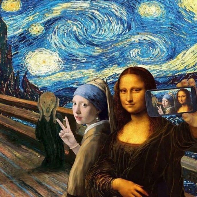 the painting has been altered to look like it is taking pictures with her cell phone