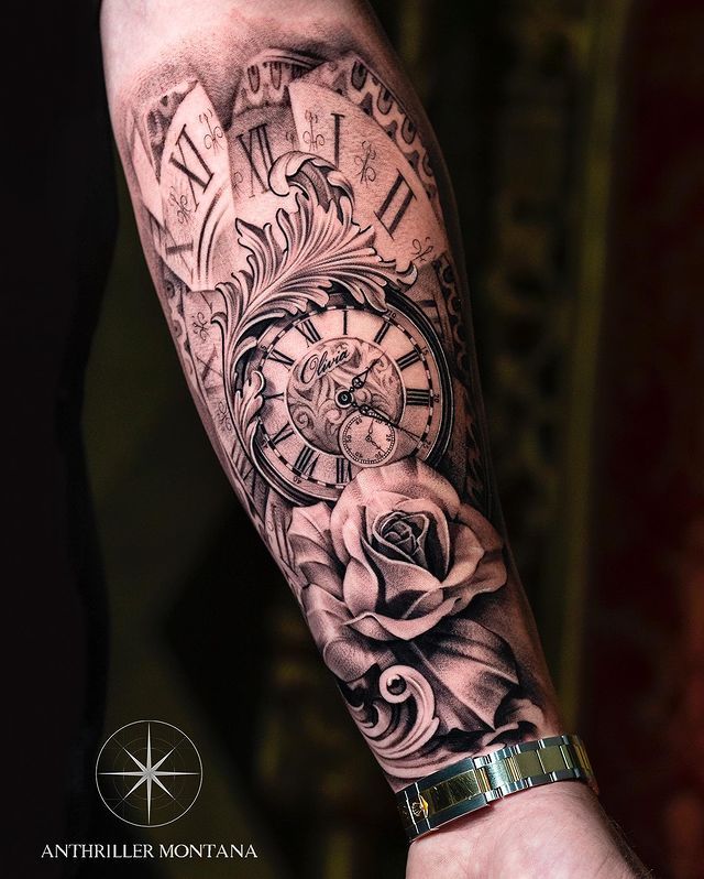 an arm with a clock and rose tattoo on it