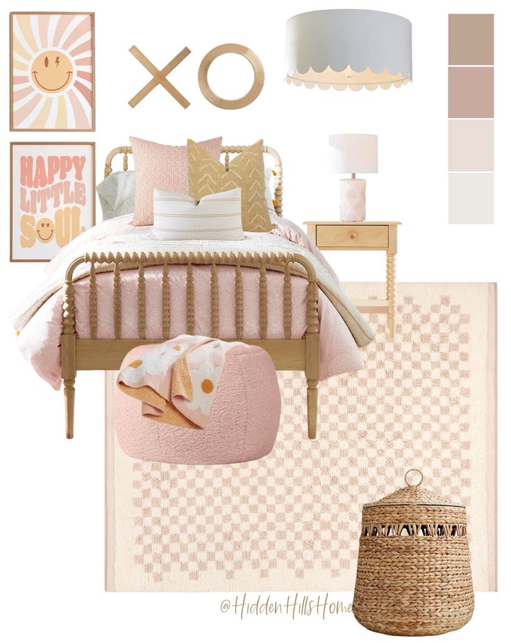 a bedroom is shown with pink and gold accents