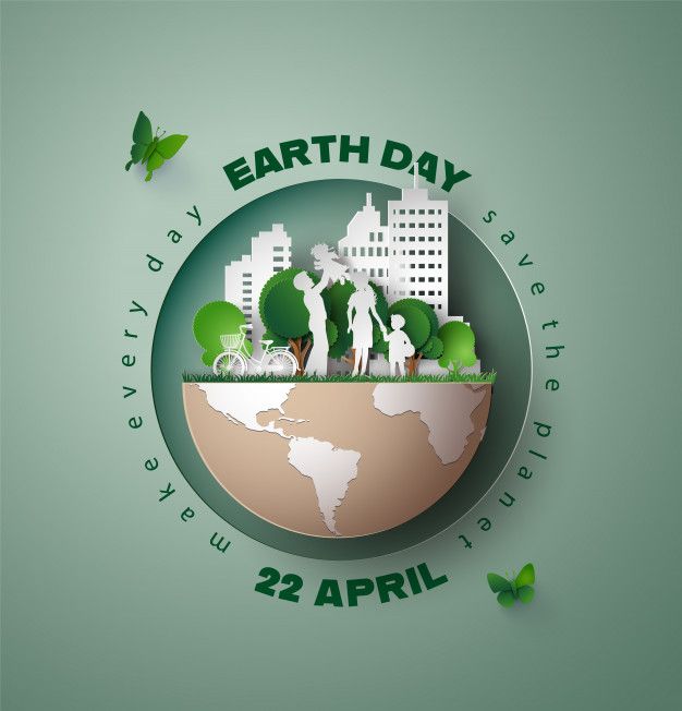 an earth day poster with paper cut people and trees on the planet, surrounded by butterflies