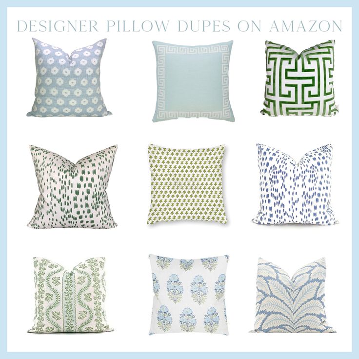 Designwr Pillow Dupes on Amazon. Pillow covers that come in various sizes. Sister Parish, Schumacher, Thibaut Blue Green Pillow Combinations, What Size Pillows For Couch, Down Throw Pillows, Living Room Throw Pillow Ideas, Thibaut Bedroom Ideas, Blue And Green Pillows On Couch, Blue And White Decorative Pillows, Coastal Pillow Combinations, Decorating With Throw Pillows