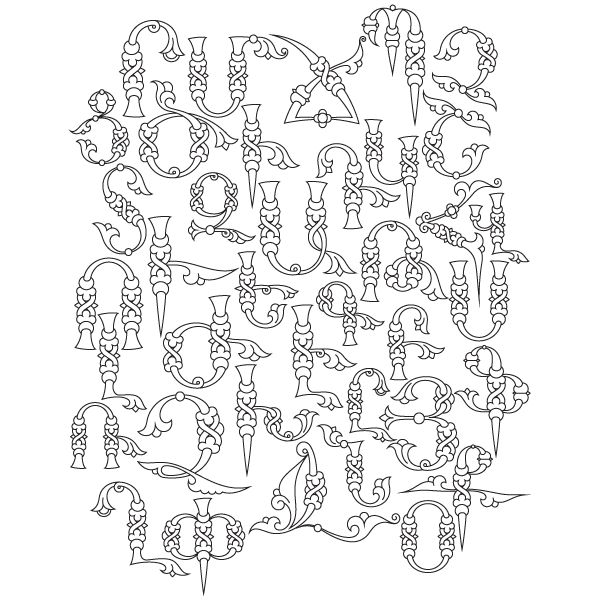 the alphabet is made up of letters and numbers, all in one line with an ornate design