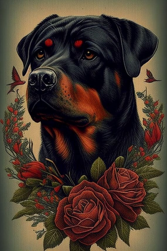 a black and brown dog with red eyes surrounded by flowers