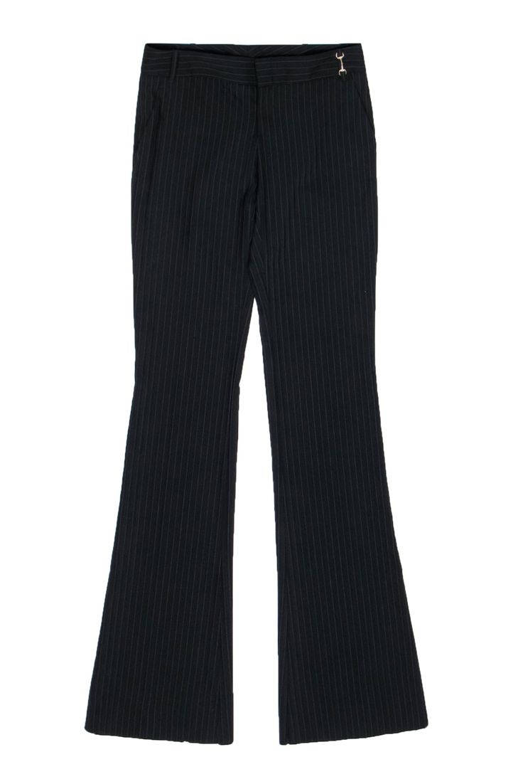 Current Boutique-Gucci - Black Pinstriped Wool Straight Leg Pants w/ Horsebit Detail Sz 0 Masculine Energy, Classic Menswear, Feminine Blouses, Fitted Blazer, Low Waisted, Gucci Black, Straight Leg Pants, Dress Pants, Leg Pants