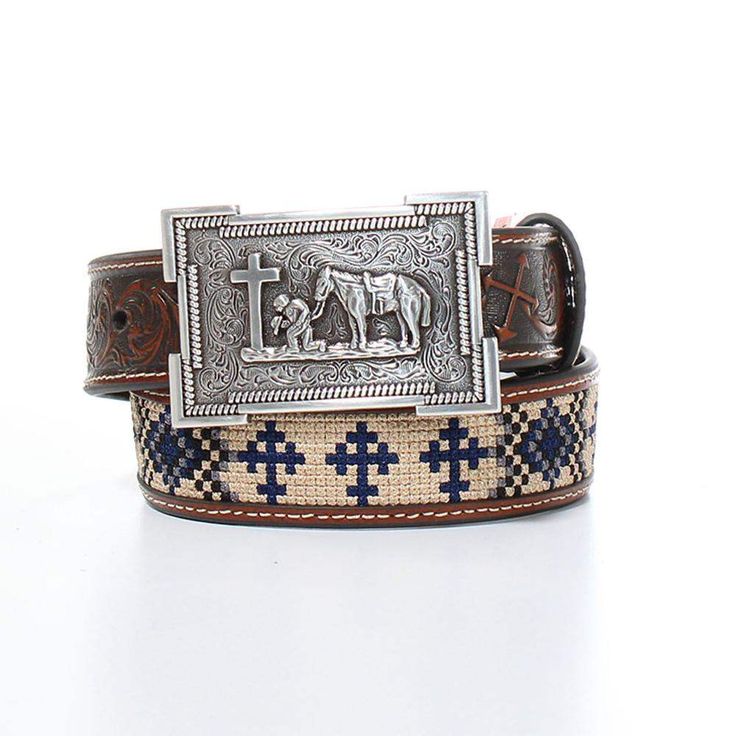 Youth Boys Aztec Embroidered Western Belt Cowboy Prayer, Western Belt, Leather Floral, The Youth, Western Belts, Earthy Tones, Geometric Patterns, Western Style, Western Wear