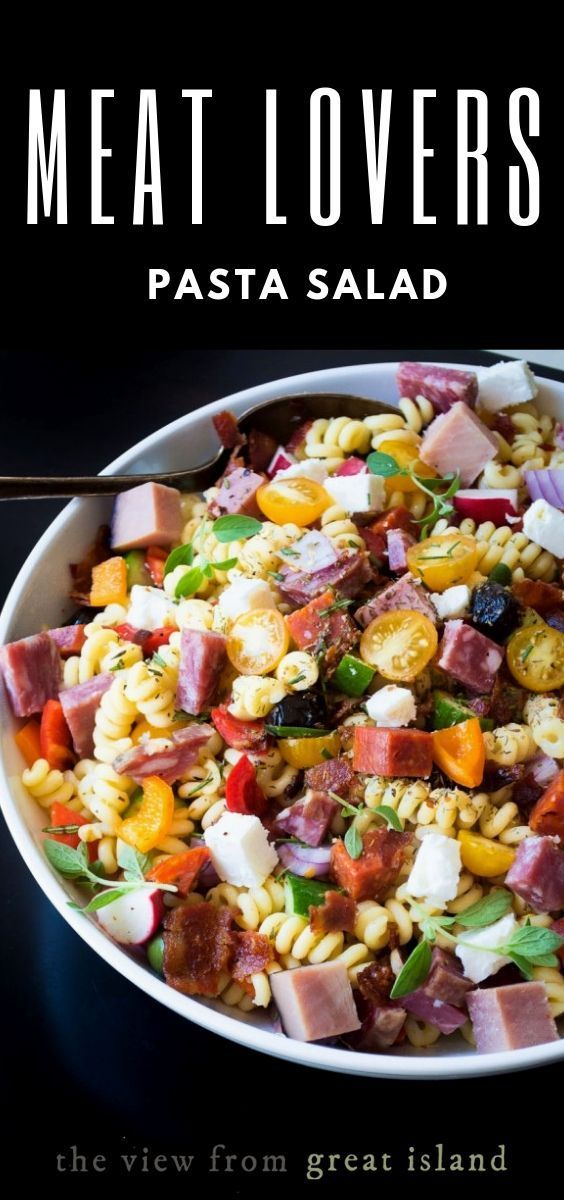 the cover of meat lovers pasta salad, featuring ham and vegetables in a white bowl