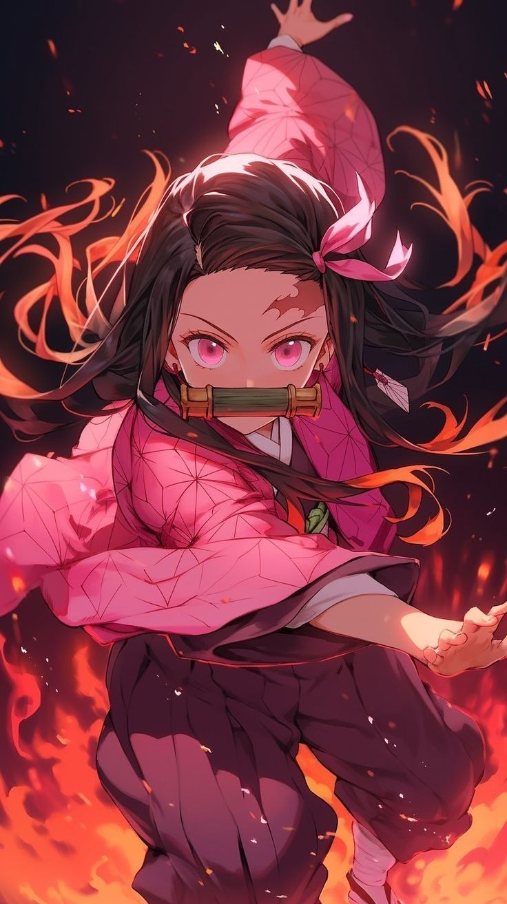 an anime character with long black hair and red eyes is flying through the air in front of flames