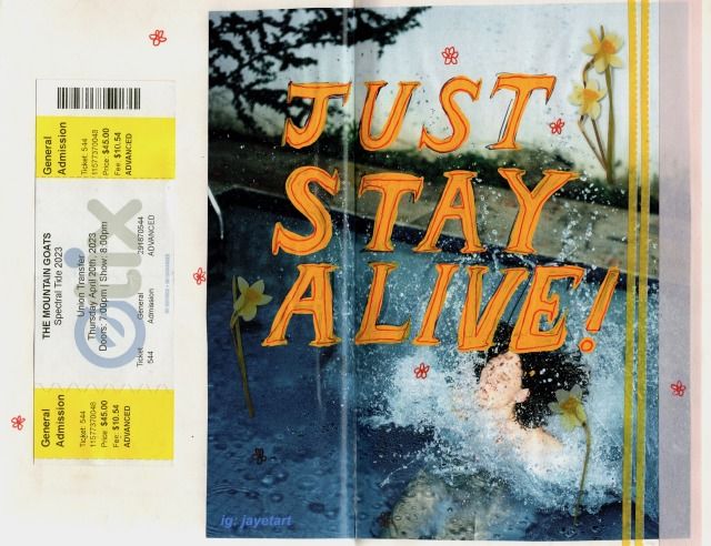 an open book with the title just stay alive written in orange and black on it