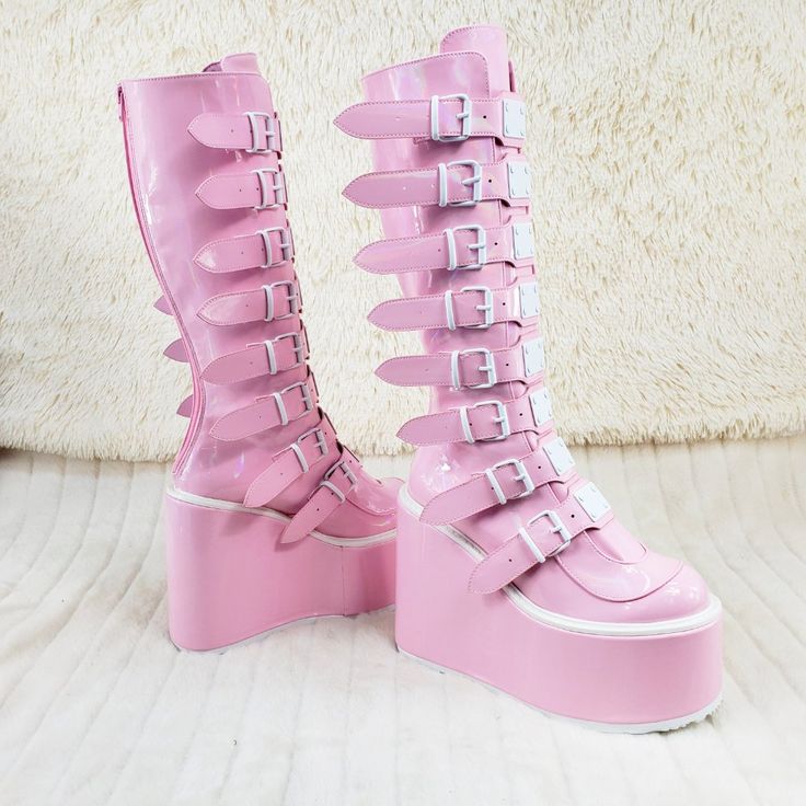 Baby Pink Hologram 5 1/2" (140mm) Platform Knee High Boot Featuring 8 Buckle Straps W/ Metal Plates At Center, Back Metal Zip Closure Authentic Demonia New In Box High-top Platform Boots With Buckle For Parties, High-top Platform Boots With Buckle Closure For Party, High-top Buckle Platform Boots For Party, White Closed Toe Platform Boots For Party, White Platform Boots With Wedge Heel, Pink Platform Boots With Closed Toe, Pastel Platform Boots, Rave Boots, Demonia Platforms