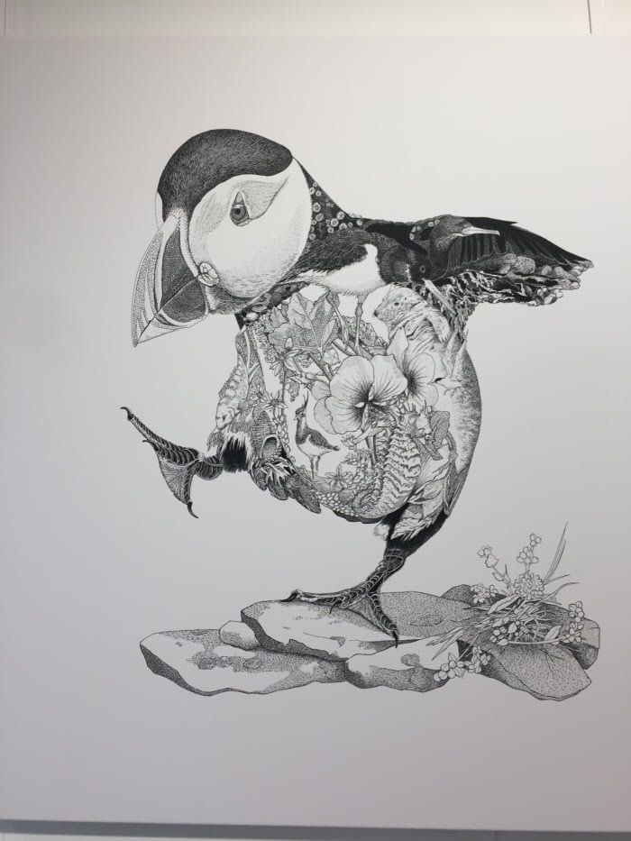 a black and white drawing of a toucan with flowers on it's back