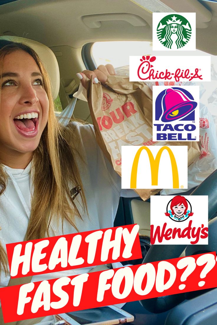 a woman in a car holding up some bags with the words healthy fast food?