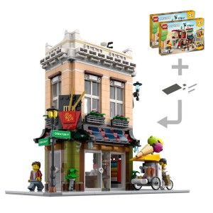 an image of a building with people on the street in front of it and a lego figure next to it