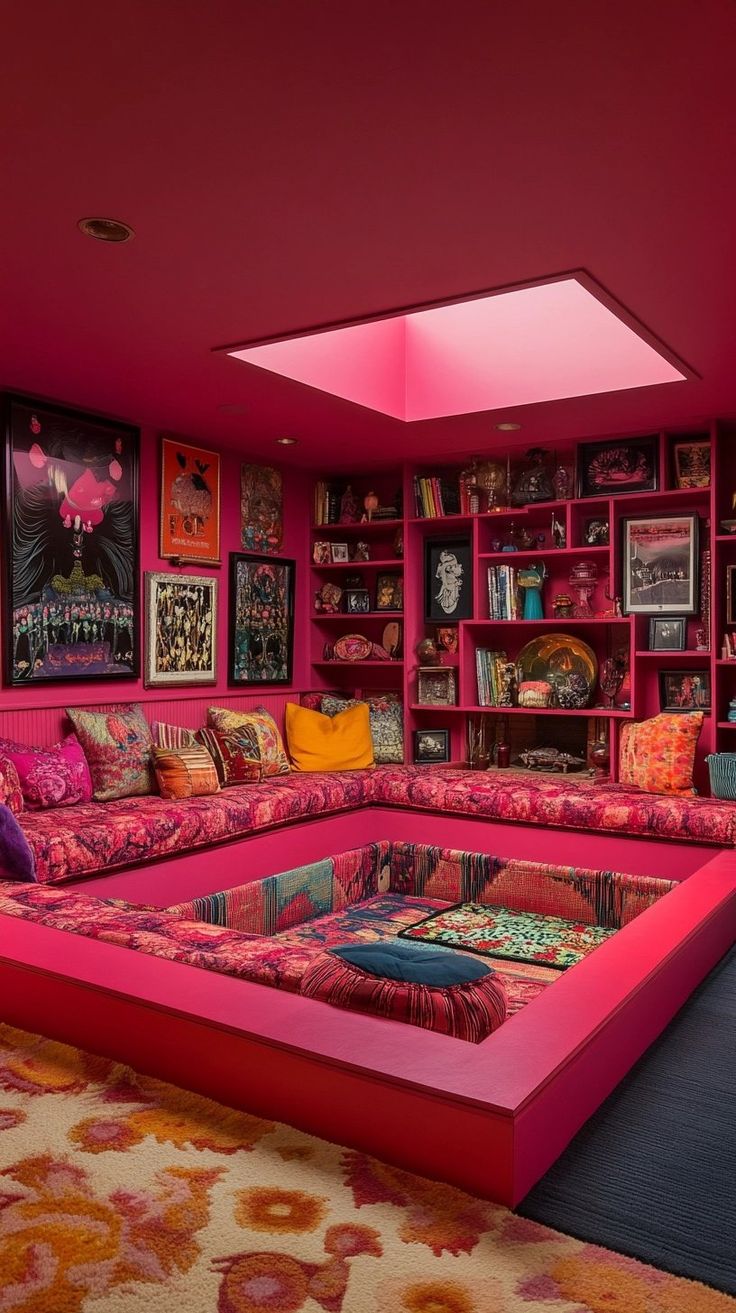 a living room filled with pink couches and lots of books on the shelves above