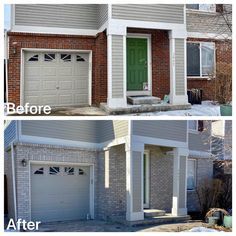 before and after photos of a house with two garage doors, one green door and the other white