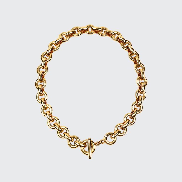 Ben-Amun chain-link necklace. 24-karat gold electroplating. Approx. 16.5"L. Toggle clasp. Made in USA. Classic Chunky Chain Link Toggle Necklace, Classic Chunky Chain Toggle Necklace, Gold-tone Toggle Necklace With Chunky Link Chain, Formal Toggle Necklace With Chunky Link Chain, Modern Gold Chain Necklace With Toggle Clasp, Yellow Gold Toggle Necklace With Cable Chain, Gold-plated Toggle Necklace With Chunky Links, Gold Plated Chunky Link Toggle Necklace, Gold-tone Toggle Necklace With Chunky Chain Link