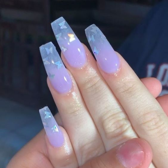 Acrylic Nails Lavender, Butterfly Acrylic Nails, Nails Lavender, Purple Acrylic Nails, Nagellack Trends, Coffin Nails Long, Summer Acrylic Nails, Butterfly Nail, Nails Long