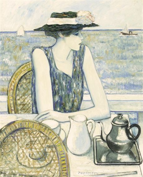 a painting of a woman sitting at a table with a coffee pot and teapot