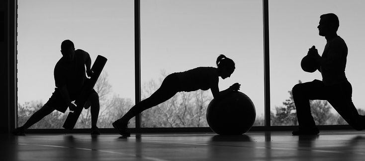 silhouettes of people doing exercises with exercise balls in front of large glass windows,