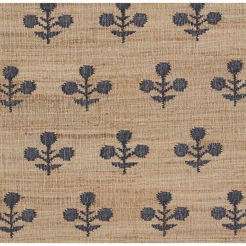 an old rug with blue flowers and leaves on the front, it is tan and black