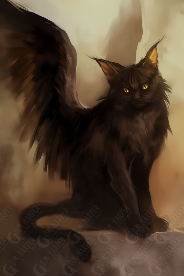 a black cat with yellow eyes and wings