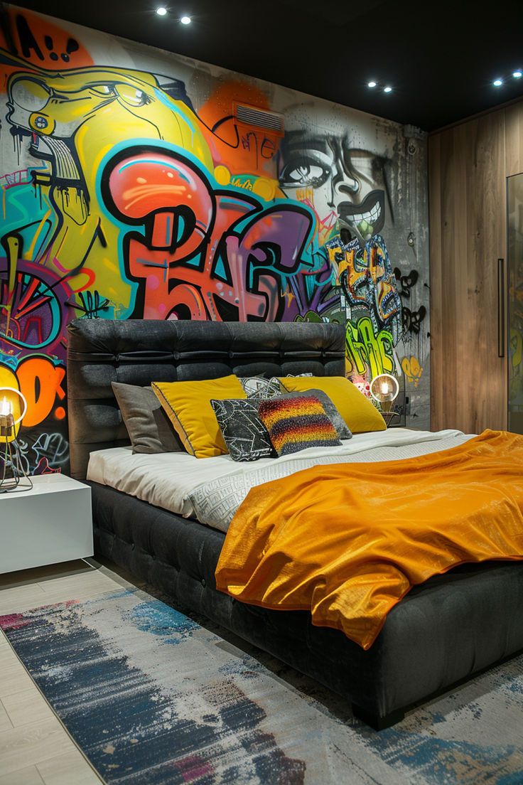 a bedroom with graffiti painted on the walls and a large bed in front of it