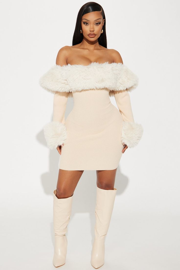 Available In Beige. Sweater Mini Dress Off Shoulder Long Sleeve Fur Trim Stretch Dress Length = 33" Body: 50% Rayon 30% Polyester 20% Nylon Fur: 100% Polyester Imported | Maci Sweater Mini Dress in Beige size 3X by Fashion Nova Long Tight Dress, Dress Off Shoulder Long, Mini Dress Off Shoulder, Fur Dress, Sweater Mini Dress, Fasion Outfits, Fashion Nova Outfits, Dress With Shawl, Dress Off Shoulder