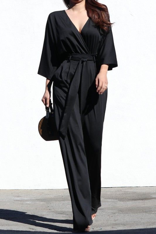 Solid V-neck Pantsuit For Night Out, Elegant V-neck Jumpsuits And Rompers For Going Out, High Waist Formal Jumpsuits And Rompers For Summer, Formal V-neck Jumpsuits And Rompers For Fall, Elegant Summer Pantsuit With Long Sleeves, Summer Elegant Long Sleeve Pantsuit, Elegant Long Sleeve Summer Pantsuit, Elegant Summer Long Sleeve Pantsuit, Long Sleeve Jumpsuits And Rompers For Summer Formal Events